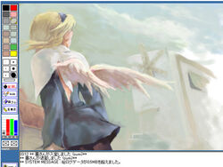  angel_wings ass blonde_hair breath_of_fire breath_of_fire_iv building canvas_(medium) commentary_request dress easygoing1484 feathered_wings female from_behind hairband lowres nina_(breath_of_fire_iv) pantyhose short_hair solo very_short_hair white_wings windmill wings 