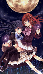  2girls bad_id bad_pixiv_id belt black_hair black_legwear blue_eyes bow city dress expressionless frederica_bernkastel full_moon hair_bobbles hair_ornament kneehighs long_hair moon multiple_girls night red_hair ribbon ringo_komachi shoes skirt socks thighhighs umineko_no_naku_koro_ni ushiromiya_ange 