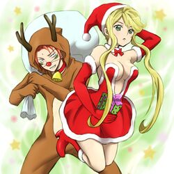  1boy antlers bag bell blonde_hair boots bow box breasts christmas cleavage collar dress female fur_trim gift green_eyes hat kasuga orange_hair package present red_boots red_dress red_nose reindeer_suit reindeerboy sack santa_hat sarutobi_sasuke sarutobi_sasuke_(sengoku_basara) sengoku_basara star 