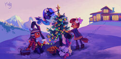  2013 absurd_res accessory alicorn anthro anthrofied apple_bloom_(mlp) biped blue_body blue_feathers blue_hair bottomwear bow_(feature) bow_accessory bow_ribbon building christmas christmas_star christmas_tree christmas_tree_topper clothing cutie_mark_crusaders_(mlp) denim denim_bottomwear denim_clothing digital_media_(artwork) digital_painting_(artwork) earmuffs earth_pony equid equine feathered_wings feathers female friendship_is_magic full-length_portrait fur_trim_(clothing) group hair hair_accessory hair_ribbon hairbow happy hasbro hat headgear headwear hi_res holidays holivi horn horse house jeans mammal my_little_pony mythological_creature mythological_equine mythology orange_body orange_feathers outside pants pegasus plant pony portrait princess_luna_(mlp) purple_hair ribbons scootaloo_(mlp) sitting snow standing star sunset sweetie_belle_(mlp) tail tree wings winter young young_anthro 