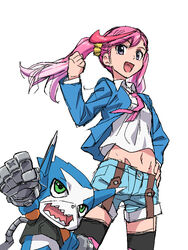  appmon commentary_request digimon digimon_(creature) digimon_universe:_appli_monsters dokamon female gauntlets green_eyes karan_eri masunikuru midriff multicolored_hair navel necktie 