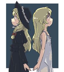  4040_(abonriya) back-to-back blonde_hair commentary_request cosette dress dual_persona female hat les_miserables les_miserables_shoujo_cosette looking_up lowres oekaki outside_border profile simple_background symmetry wet 