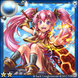  .hack// :d black_socks brown_footwear brown_gloves character_request commentary_request day female gloves guilty_dragon hair_ornament hairclip kazura_enji kneehighs long_hair looking_at_viewer open_mouth pink_hair purple_eyes round_teeth shirt shoes single_glove skirt sky smile socks solo star_(symbol) sword teeth twintails v weapon 