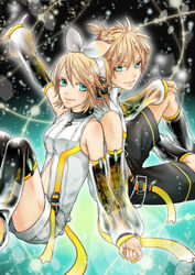  1boy absurdres aqua_eyes blonde_hair brother_and_sister choker commentary_request detached_sleeves female hair_ornament hair_ribbon hairclip hakuseki headphones highres holding_hands kagamine_len kagamine_len_(append) kagamine_rin kagamine_rin_(append) musical_note nail_polish ribbon short_hair shorts siblings twins vocaloid vocaloid_append yellow_nails 