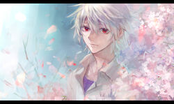  1boy cherry_blossoms commentary_request evangelion:_3.0_you_can_(not)_redo karimero_(calimer0) letterboxed male_focus nagisa_kaworu neon_genesis_evangelion petals rebuild_of_evangelion red_eyes smile solo white_hair 