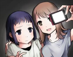  2girls blue_eyes blue_hair blush brown_eyes brown_hair camera commentary_request fukuyo_kouko kokaji_sukoya multiple_girls open_mouth saki_(manga) selfie shino_(moco44) short_hair smile sweatdrop taking_picture v 