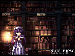  blue_eyes book bookshelf candle commentary_request crescent etogami_kazuya female hat highres library long_hair patchouli_knowledge purple_hair reading solo touhou voile 