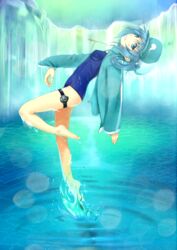  barefoot blue_eyes blue_hair commentary_request feet female hair_bobbles hair_ornament hat jacket kawashiro_nitori key mossari_poteto no_pants one-piece_swimsuit ripples school_swimsuit short_hair solo standing swimsuit swimsuit_under_clothes touhou track_jacket twintails two_side_up water waterfall wet 