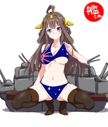  ahoge australian_flag australian_flag_bikini australian_flag_print bikini bikini_top_lift boots braid breasts brown_eyes brown_hair brown_thighhighs clearite clothes_lift commentary_request double_bun duplicate female flag_print full_body hair_bun headgear kantai_collection kongou_(kancolle) large_breasts long_hair looking_at_viewer navel pixel-perfect_duplicate print_bikini rigging simple_background smile solo squatting swimsuit thigh_boots thighhighs underboob white_background 