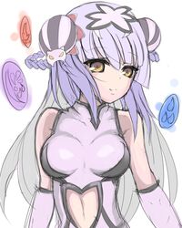  bare_shoulders braid breasts bun_cover cat_hair_ornament china_dress chinese_clothes clothing_cutout commentary_request double_bun dress elbow_gloves female flanker gloves grey_hair hair_bun hair_ornament haku_(p&amp;d) long_hair medium_breasts midriff multicolored_hair navel_cutout orb partial_commentary purple_hair puzzle_&amp;_dragons simple_background sleeveless sleeveless_dress smile solo two-tone_hair upper_body white_background white_dress white_gloves yellow_eyes 