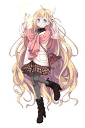  artist_request bag blonde_hair blue_eyes blush_stickers boots casual dress female full_body hair_ornament hands_up jewelry leg_up long_hair looking_at_viewer musical_note musical_note_hair_ornament necklace official_art pantyhose ribbon solo sonata standing sweater sweater_dress transparent_background venus_eleven_vivid! very_long_hair wand waving 