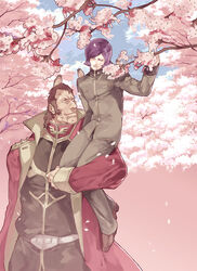  2boys bad_id bad_pixiv_id brothers brown_hair cape cherry_blossoms dozle_zabi gakuran garma_zabi gundam military military_uniform mobile_suit_gundam multiple_boys purple_hair scar school_uniform siblings snj tree uniform 