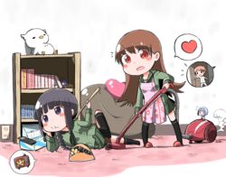  1boy 2girls :d :t admiral_(kancolle) apron backscratcher black_hair blush_stickers book bookshelf braid brown_eyes brown_hair chips_(food) commentary_request controller fairy_(kancolle) food food_on_face heart kantai_collection kitakami_(kancolle) little_boy_admiral_(kancolle) long_hair mochisaka_mitsuki multiple_girls ooi_(kancolle) open_mouth potato_chips remote_control school_uniform serafuku smile spoken_heart spoken_object stuffed_animal stuffed_toy tissue_box vacuum_cleaner 