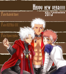  2013 3boys abs amakusa_shirou_(fate) archer_(fate) bandages brown_eyes brown_hair capelet collar colored_skin commentary_request copyright_name cross cross_necklace cuffs dark-skinned_male dark_skin emiya_shirou emiya_shirou_(prisma_illya) fate/apocrypha fate/extra fate/extra_ccc fate/kaleid_liner_prisma_illya fate_(series) handcuffs happy_new_year jacket jewelry male_focus multicolored_hair multicolored_skin multiple_boys multiple_persona necklace new_year open_clothes open_jacket raglan_sleeves red_hair red_jacket scarf setta_(tokinon) stole streaked_hair two-tone_skin white_hair yellow_eyes 