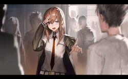  1boy aituoku blue_eyes blush brown_hair commentary_request female hand_on_own_head highres jacket letterboxed long_hair makise_kurisu necktie okabe_rintarou open_mouth photoshop_(medium) pointing red_necktie steins;gate 