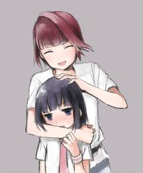  2girls achiga_school_uniform age_difference akado_harue arm_around_shoulder black_hair blue_eyes blush closed_eyes commentary_request hand_on_another&#039;s_head multiple_girls necktie open_mouth red_hair sagimori_arata saki_(manga) saki_achiga-hen school_uniform shino_(moco44) short_hair smile sweatdrop wristband 