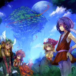  1other 4boys bird blonde_hair blue_eyes cloud commentary_request crane_(animal) crossover elbow_gloves feathers female giant_tree gloves hands_on_own_hips hat hawkeye_(seiken_densetsu_3) helmet hero_(sd1) legend_of_mana long_hair mana_tree moon multiple_boys pantyhose photoshop_(medium) popoi_(seiken_densetsu_2) purple_hair randi_(seiken_densetsu_2) red_hair riesz scenery seiken_densetsu seiken_densetsu_1 seiken_densetsu_2 seiken_densetsu_3 sky toto_(lom) tree ukyo_rst winged_helmet 