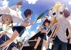  2boys 4girls :d absurdres airi_(robotics;notes) blonde_hair brown_hair cloud daitoku_junna day dress duplicate dutch_angle from_behind grey_hair hidaka_subaru highres image_sample kantoku koujiro_frau lens_flare long_hair mecha multiple_boys multiple_girls open_mouth outdoors parasol ponytail robot robotics;notes school_uniform senomiya_akiho serafuku short_hair skirt sky smile twintails umbrella yandere_sample yashio_kaito 