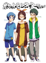  2boys ayase08 bandage belt blue_eyes blue_hair blush bow brown_hair cable closed_eyes colored_eyelashes freckles frown glasses green_hair grin group headphones holding_hands leggings lolicon megane mijumaru multiple_boys open_mouth pants personification pokabu pokemon pokemon_(game) pokemon_black_and_white popped_collar red_eyes shoes short_hair shorts simple_background sneakers socks tsutaaja vest 