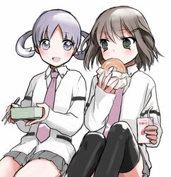  2girls bagel bento black_legwear blue_eyes blush brown_hair commentary_request eating green_eyes grey_skirt hair_ornament hairclip hanada_kirame juice long_sleeves multiple_girls necktie open_mouth purple_hair saki_(manga) saki_achiga-hen school_uniform shindouji_school_uniform shino_(moco44) short_hair short_twintails sitting skirt thighhighs tsuruta_himeko twintails 