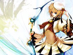  blonde_hair blue_eyes bow_(weapon) commentary_request earrings female jewelry kininaljaguar labelle saga saga_frontier_2 skirt solo weapon yellow_skirt 