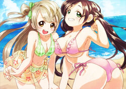  2girls :d arched_back beach bent_over bikini blue_sky blush bow breasts brown_hair cleavage commentary_request corn_potako day flower frilled_bikini frills green_bikini green_eyes grin hairbow hand_on_own_knee large_breasts long_hair looking_at_viewer love_live! love_live!_school_idol_project midriff minami_kotori multiple_girls navel ocean one_side_up open_mouth outdoors pink_bikini plaid plaid_bikini sand sarong see-through side-tie_bikini_bottom sideboob sky smile swimsuit tojo_nozomi twintails twisted_torso underboob water yellow_eyes 