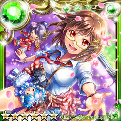  .hack// :d bell_(guilty_dragon) bint_(guilty_dragon) brown_hair camera character_name character_request commentary_request contemporary female gem glasses guilty_dragon kazura_enji necktie open_mouth outstretched_hand petals red_eyes red_necktie semi-rimless_eyewear shirt short_hair sitting smile solo star_(symbol) white_shirt yellow-framed_eyewear 