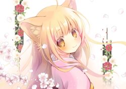  ahoge animal_ears blonde_hair blush branch cherry_blossoms closed_mouth commentary_request female flower from_behind from_side head_tilt japanese_clothes kimono konohana_kitan kuga_tsukasa long_hair looking_at_viewer looking_back orange_eyes petals pink_kimono smile solo upper_body yuzu_(konohana_kitan) 