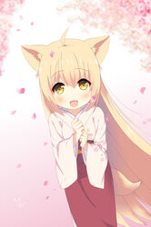  &gt;_&lt; :d absurdres animal_ears blonde_hair blush chinese_commentary chinese_text commentary_request female fox_ears fox_girl fox_tail gradient_background hair_between_eyes hands_up highres japanese_clothes kimono konohana_kitan long_hair long_sleeves looking_at_viewer obi oerba_yun_fang open_mouth own_hands_together petals pink_background pink_kimono red_skirt sash skirt smile solo standing tail translated very_long_hair white_background wide_sleeves xd xiaosamiao yellow_eyes yuzu_(konohana_kitan) 