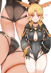  adjusting_clothes adjusting_swimsuit ass ass_visible_through_thighs black_one-piece_swimsuit blonde_hair blush breasts casual_one-piece_swimsuit cleavage cleavage_cutout closed_mouth clothing_cutout fate/grand_order fate_(series) female from_behind from_below gloves head_wings highleg highleg_swimsuit highres jacket long_sleeves looking_at_viewer multiple_views one-piece_swimsuit red_eyes rindr_(fate) short_hair simple_background smile swimsuit thigh_gap thighs valkyrie_(fate) white_background wings yoosai 