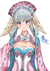  absurdres aotsuba blue_eyes blush cape female grey_hair hair_between_eyes hat head_wings highres looking_at_viewer melia_antiqua signature simple_background smile solo upper_body white_background wings xenoblade_chronicles_(series) xenoblade_chronicles_1 