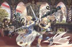  3boys 3girls asymmetrical_wings battle belt blonde_hair blue_hair brown_hair cloud crossed_legs dark_skin dizzy_(guilty_gear) dust elphelt_valentine eyepatch family father_and_daughter father_and_son fingerless_gloves flagpole flower gloves grass grey_hair guilty_gear guilty_gear_xrd hair_ribbon hat headband hiding holding_hands house husband_and_wife junkyard_dog_mk_iii ky_kiske long_hair magnolia_eclair_ii multiple_boys multiple_girls muscular pillar ponytail ramlethal_valentine ribbon sergio_nhur siblings sin_kiske sisters sneaking sol_badguy statue sunset sword tail tail_ornament tail_ribbon thigh_strap thighhighs training tree twintails weapon wings yellow_ribbon 