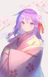  breasts closed_mouth commentary fate/grand_order fate_(series) female floral_print flower hair_flower hair_ornament hair_ribbon highres japanese_clothes kasuga_no_tsubone_(fate) kimono long_hair long_sleeves looking_at_viewer matou_sakura parvati_(fate) pink_kimono purple_eyes purple_hair red_ribbon ribbon smile wide_sleeves zenshin 