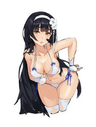  :o absurdres bare_hips bare_shoulders bikini bikini_pull black_hair blue_ribbon breasts cleavage clothes_pull collarbone female flower girls&#039;_frontline groin hair_flower hair_ornament halterneck hand_on_own_hip headband highres jonbur_man large_breasts leaning_forward long_hair official_alternate_costume open_mouth ribbon simple_background solo string_bikini swimsuit thighhighs thighs torn_clothes torn_thighhighs type_95_(girls&#039;_frontline) type_95_(summer_cicada)_(girls&#039;_frontline) upper_body white_background white_bikini white_flower white_headband white_headwear yellow_eyes 