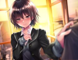  1boy absurdres amagami black_hair black_jacket blurry blurry_foreground blush breasts brown_eyes building city collarbone commentary dress_shirt embarrassed female foreshortening grey_sweater hair_between_eyes hand_on_another&#039;s_shoulder highres indoors jacket kibito_high_school_uniform loose_hair_strand nanasaki_ai nervous nose_blush railing rairaisuruyo raised_eyebrows reaching reaching_towards_viewer school_uniform shirt short_hair small_breasts solo_focus sunset sweater upper_body wavy_mouth white_shirt window 