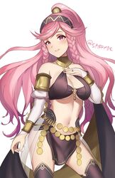  braid bridal_gauntlets female fire_emblem fire_emblem_awakening fire_emblem_heroes hairband highres long_hair navel o-ring olivia_(fire_emblem) olivia_(performing_arts)_(fire_emblem) parted_lips pink_eyes pink_hair ponytail simple_background solo spiffydc twin_braids twitter_username white_background 