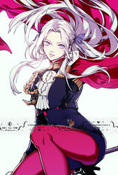  black_jacket cape edelgard_von_hresvelg female fire_emblem fire_emblem:_three_houses floating_hair forehead garreg_mach_monastery_uniform gloves grey_background grey_eyes hand_up highres jacket kagari6496 long_hair long_sleeves looking_at_viewer pantyhose parted_lips photoshop_(medium) red_cape red_pantyhose simple_background solo thighs white_gloves white_hair 