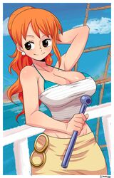  absurdres arm_behind_head arm_up bikini bikini_top_only bikini_under_clothes blue_sky blush brown_eyes cloud cowboy_shot crop_top day female highres holding long_hair midriff nami_(one_piece) one_piece orange_hair outdoors ponytail signature simmsy sky smile solo strapless swimsuit tube_top white_tube_top 