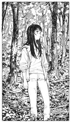  12v border closed_mouth female forest greyscale hatching_(texture) highres ink_(medium) jacket long_hair looking_up monochrome nature open_clothes open_jacket original outdoors solo standing traditional_media tree white_border zipper zipper_pull_tab 