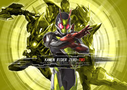  1boy armor attache_calibur authorise_buster axe character_name commentary english_text evolution helmet kamen_rider kamen_rider_01_(series) kamen_rider_zero-one kamen_rider_zero-two looking_at_viewer metalcluster_hopper multiple_persona red_eyes rider_belt rising_hopper shining_assault_hopper shining_hopper sword tsubasansan weapon zero_one_driver zero_two_driver 