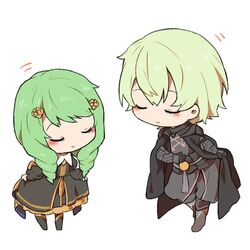  1boy alternate_hair_color armor black_armor black_cape bowing byleth_(fire_emblem) byleth_(male)_(fire_emblem) cape chibi closed_eyes closed_mouth curtsey enlightened_byleth_(male) female fire_emblem fire_emblem:_three_houses flayn_(fire_emblem) garreg_mach_monastery_uniform green_hair hair_ornament long_hair long_sleeves short_hair shunrai simple_background skirt_hold smile uniform white_background 