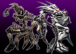  1boy 2girls arm_cannon asymmetrical_arms bone claws clenched_teeth dinosaur fingernails fossil glowing glowing_eyes goggles highres holding holding_sword holding_weapon horns looking_at_viewer mask mecha multiple_girls no_humans oohara_tetsuya paleotrex pose predacon purple_background ractonite red_eyes ribs robot sharp_fingernails sharp_teeth signature skeletal_arm skeletal_hand skeletal_tail skeleton skull skull_mask spikes styracosaurus sword teeth thick_thighs thighs toenails transformers transformers:_war_for_cybertron_trilogy tyrannosaurus_rex vertebreak weapon yellow_eyes 