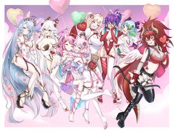  6+girls absurdly_long_hair absurdres angel_wings animal_ears apricot_the_lich aqua_hair asymmetrical_legwear balloon black_thighhighs blonde_hair blue_eyes blue_hair bow_(weapon) breasts cherry_blossoms cleavage collar demon_horns detached_sleeves dragon_girl dragon_horns flower green_eyes green_hair hair_flower hair_ornament hat heart heart_hair_ornament highres hime_hajime holding holding_bow_(weapon) holding_weapon horns ironmouse ironmouse_(fallen_angel) leotard light_blue_hair long_hair long_sleeves looking_at_viewer melody_(projektmelody) multiple_girls multiple_horns nurse nurse_cap nyatasha_nyanners off_shoulder official_art pink_hair purple_eyes purple_hair rainnsu red_hair red_leotard red_thighhighs short_hair short_hair_with_long_locks silvervale silvervale_(sakura_goddess) spiked_collar spikes stuffed_animal stuffed_toy tail teddy_bear thighhighs twintails vei_(vtuber) vei_(vtuber)_(sky_empress) very_long_hair virtual_youtuber vshojo weapon white_hair white_horns white_thighhighs winged_footwear wings wolf_ears wolf_girl wolf_tail zentreya zentreya_(dragon) 