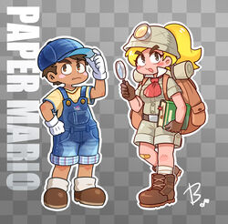  1boy backpack bag bandaid bandaid_on_knee bandaid_on_leg baseball_cap beco_(100me) belt blonde_hair blue_headwear blush_stickers book boots brown_eyes brown_gloves brown_hair checkered_background commentary_request copyright_name dark-skinned_male dark_skin female full_body gloves goombario goombella hat headlamp helmet highres humanization mario_(series) oerba_yun_fang overall_shorts overalls paper_mario paper_mario:_the_thousand_year_door paper_mario_64 ponytail shorts signature trait_connection white_gloves 