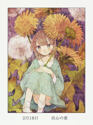  aqua_dress blush brown_hair convenient_leg dandelion dandelion_clock dress feet_out_of_frame female floral_background flower green_eyes hands_up holding holding_flower knees_up long_hair long_sleeves looking_at_viewer momo_walnut original oversized_flower oversized_object own_hands_together smile socks solo white_socks yellow_flower 