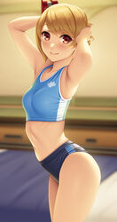  annette_koenig arched_back armpits arms_behind_head arms_up blonde_hair blue_buruma blue_sports_bra blurry blurry_background breasts buruma closed_mouth commentary_request cowboy_shot depth_of_field female from_side god_eater highres indoors looking_at_viewer looking_to_the_side navel red_eyes short_hair small_breasts smile solo sports_bra swept_bangs two-tone_sports_bra watanuki_kaname 