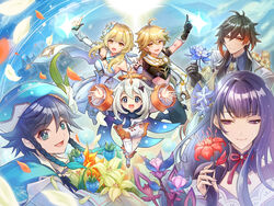  3boys 3girls absurdres aether_(genshin_impact) ahoge amakumo_fruit androgynous beret black_gloves black_hair blonde_hair blue_eyes blue_flower blue_hair blush bouquet bow braid bridal_gauntlets brother_and_sister brown_hair cecilia_flower_(genshin_impact) closed_mouth cloud cloudy_sky collared_cape collared_shirt commentary_request crop_top dandelion day dendrobium_(genshin_impact) dress earrings eyeliner falling_petals floating flower formal genshin_impact glaze_lily gloves gradient_hair green_eyes green_headwear hair_between_eyes hair_flower hair_ornament half-closed_eyes halo hat hat_flower highres holding holding_bouquet holding_flower jacket japanese_clothes jewelry kimono leaf light_particles long_hair long_sleeves looking_at_flowers looking_at_viewer looking_to_the_side lumine_(genshin_impact) makeup midriff mole mole_under_eye multicolored_hair multiple_boys multiple_girls naku_weed necktie nekobayashi open_mouth orange_flower orange_hair outstretched_arms paimon_(genshin_impact) petals purple_eyes purple_flower purple_hair purple_nails qingxin_flower raiden_shogun red_flower romper scarf shirt short_hair_with_long_locks short_sleeves siblings sidelocks single_earring single_thighhigh sky small_lamp_grass smile sparkle spread_arms suit tassel tassel_earrings thighhighs twin_braids twins venti_(genshin_impact) white_dress white_flower white_hair white_romper white_thighhighs wide_sleeves windwheel_aster_(genshin_impact) yellow_eyes yellow_flower zhongli_(genshin_impact) 