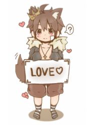  2015 8989to animal_humanoid brown_hair canid canid_humanoid canine canine_humanoid clothed clothing cross cross_necklace crown dog_humanoid english_text footwear hair headgear heart_after_text heart_on_sign heart_pair heart_symbol hearts_around_body hearts_around_entire_body holding_object holding_sign humanoid inner_ear_fluff jewelry legwear looking_at_viewer male mammal mammal_humanoid necklace outline_heart pattern_clothing pattern_footwear pattern_legwear pattern_socks placard question_mark sign smile smiling_at_viewer socks solo striped_clothing striped_footwear striped_socks stripes text text_with_heart tuft young 