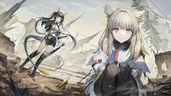  2girls absurdres animal_ears arknights arknights:_endfield bird_ears black_collar black_gloves black_hair black_jacket black_legwear black_skirt blue_eyes breasts chen_qianyu_(arknights) closed_mouth coat collar collared_shirt commentary cropped_jacket desert dragon_girl dragon_horns dragon_tail dutch_angle fur-tipped_tail gloves grey_sky hair_lift hand_on_own_hip hand_on_own_knee hands_on_own_knees high_heels highres holding holding_sword holding_weapon horns jacket knee_pads kneehighs layered_sleeves light_brown_hair long_hair long_sleeves looking_at_viewer machine medium_breasts miniskirt multiple_girls off_shoulder open_clothes open_jacket originium_(arknights) outdoors over-kneehighs owl_ears owl_girl pantyhose parted_lips perlica_(arknights) perspective planted planted_sword ponytail prototype_design red_eyes rock ruins scenery science_fiction shirt short_sleeves sidelocks skirt sky sleeveless sleeveless_shirt sleeves_past_wrists socks soho_(user_dphk5745) squatting sword tail thighhighs twintails very_long_hair weapon white_coat white_jacket white_shirt wreckage yellow_pupils 