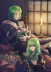  1boy absurdres book candle circlet closed_mouth commentary_request eeveetachi female fire_emblem fire_emblem:_three_houses flayn_(fire_emblem) garreg_mach_monastery_uniform green_eyes green_hair hair_ornament highres holding holding_book knees_up long_hair long_sleeves open_book quill seteth_(fire_emblem) short_hair siblings sitting twitter_username uniform 